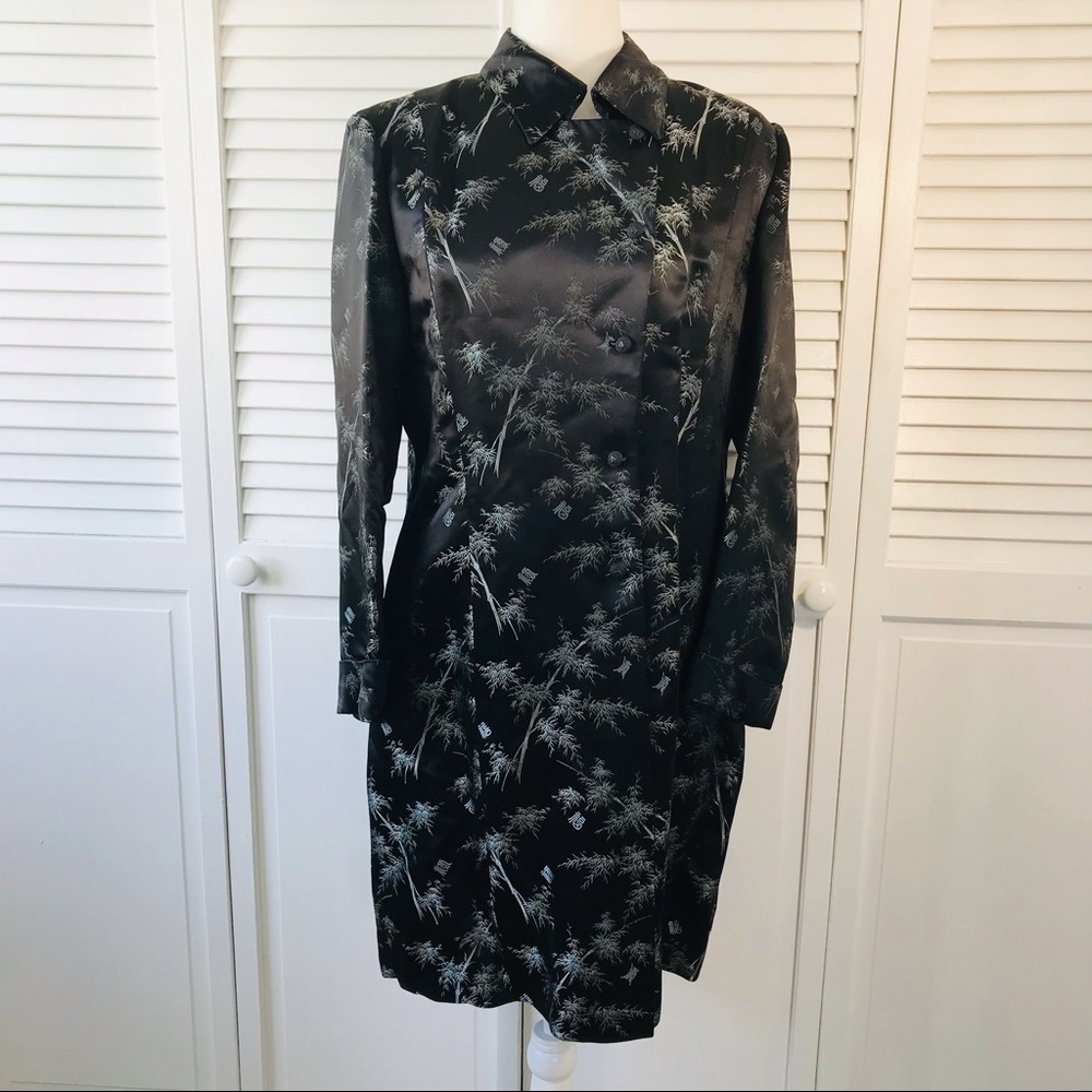 SILK BOX Vintage Black Jacquard Bamboo Print Silk Blend Jacket Size 12
